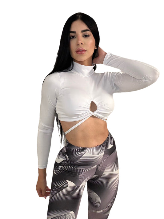 White Long-Sleeve Cut-Out Crop Top